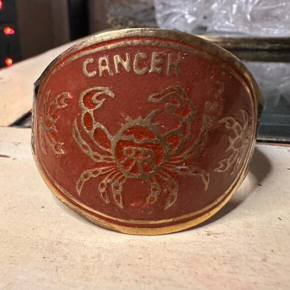Vintage Brass Hand Painted CANCER Zodiac Astrology Cuff Bracelet - Picture 1 of 8